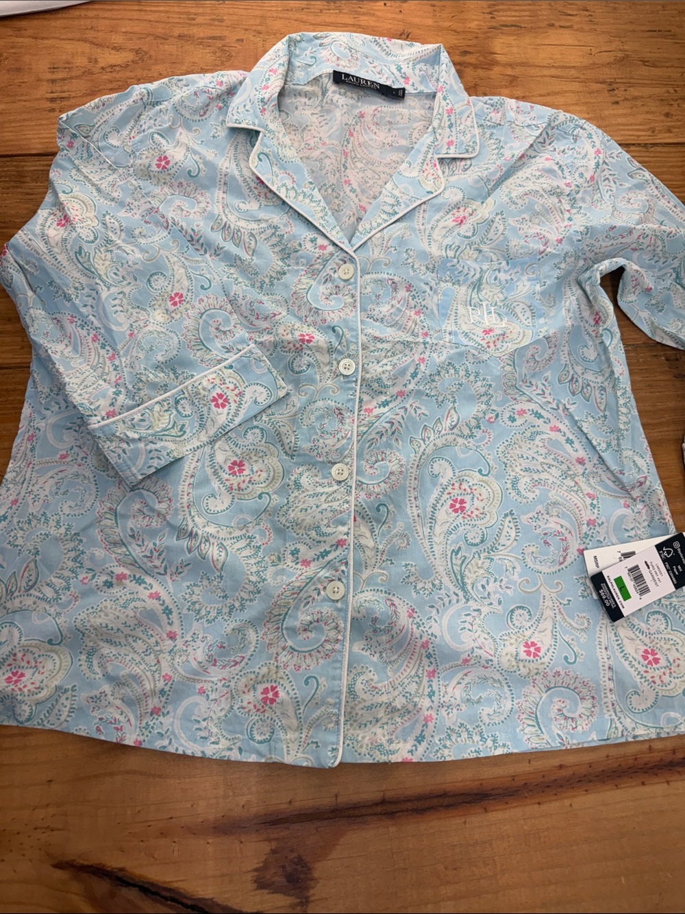 Lauren Ralph Lauren Light Blue Paisley Cotton Pajama Top with Pink Accents
